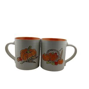 Embossed Hand Painted Fall Coffee Mugs Tea Cups Orange Interior Pumpkins Autumn